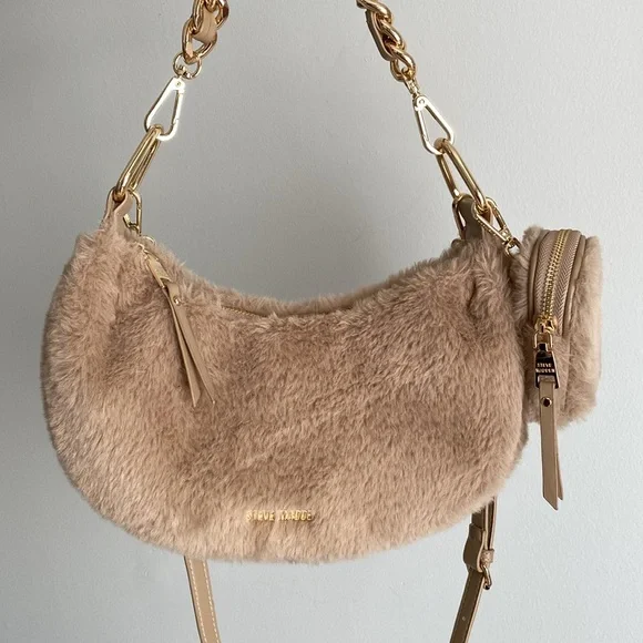 Steve Madden Tan Faux Fur Bag with Gold Chain - Picture 2 of 10